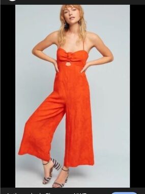 Anthropologie Bright Red Orange Jumpsuit with Spaghetti Straps